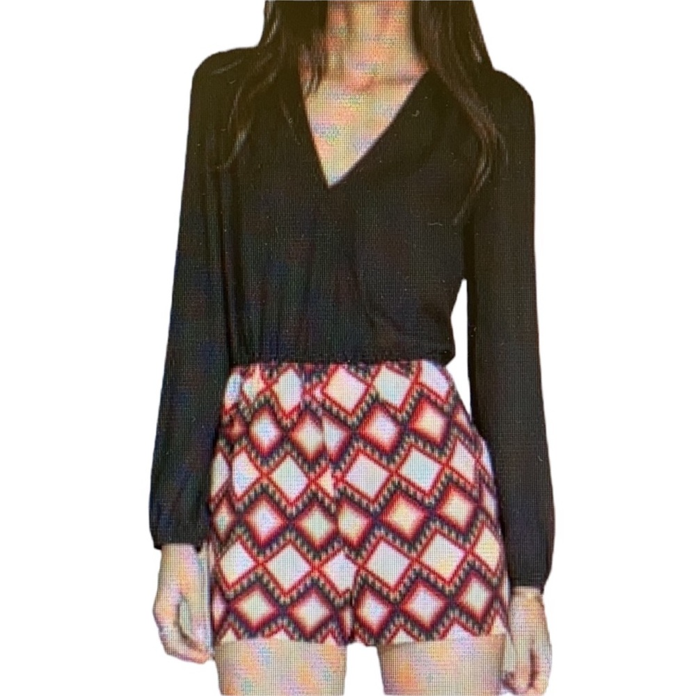 Jealous Tomato V-neck Romper Color Block Black Top Printed Plaid Squares Bottom‎